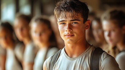 Fototapeta premium The confident high school senior firefighter flexes in gym class, wearing a tight t-shirt that shows off his muscles. Onlookers worship him as he smirks, captured with ultra-wide angle and cinematic