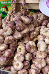 étalage de vente d'ail rose