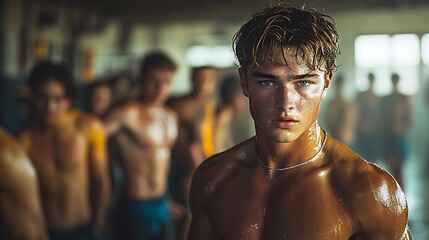 A high school senior firefighter flexes his muscles in gym class, his tight t-shirt accentuating his physique, as onlookers admire him. He wears a diamond bracelet and a thin diamond necklace,