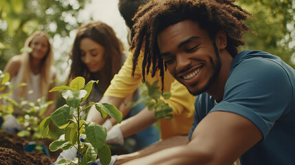 multicultural group of volunteers joyfully planting young plants in garden, showcasing teamwork and community spirit. Their smiles reflect satisfaction of contributing to nature