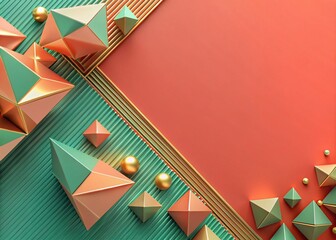 Small Geometric Shapes in Coral Gradient with Teal Pyramids and Golden Coils - Creative 3D Background Design