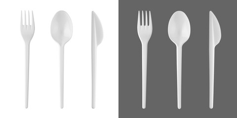 Set of plastic disposable tableware - knife, spoon, fork, isolated on white background..