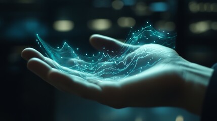 Naklejka premium Hand Holding Futuristic Light Wave Visualization