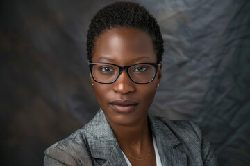A confident woman wearing glasses and a tailored grey blazer is posing with a serious expression against a dark backdrop, showcasing her professional demeanor