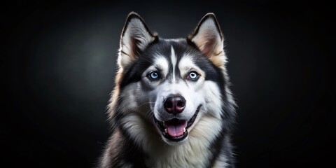 Fototapeta premium Smiling Siberian Husky Portrait on Black Background – Stunning Closeup Photography for Dog Lovers