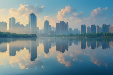 The landscape features a stunning urban skyline mirrored in tranquil waters at dawn, with vibrant buildings and fluffy clouds enhancing the peaceful atmosphere