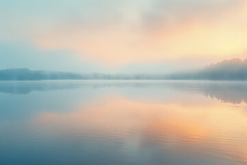Obraz premium A tranquil lake at dawn, enveloped in soft mist and illuminated by pastel hues. The landscape reflects peacefulness as the day begins