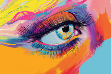 The artwork features a detailed human eye, surrounded by bright swirls of color, blending vibrant shades of orange, pink, and blue for a captivating effect