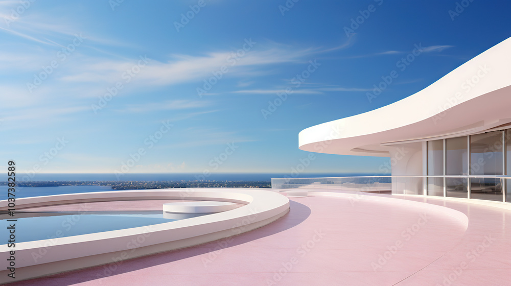 Poster Abstract architecture scene with smooth curves. Abstract background with futuristic building in white and blue colors.