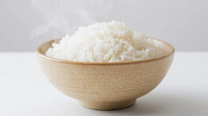 A simple bowl of steamed white rice with steam visible, set against a minimalistic white background. --chaos