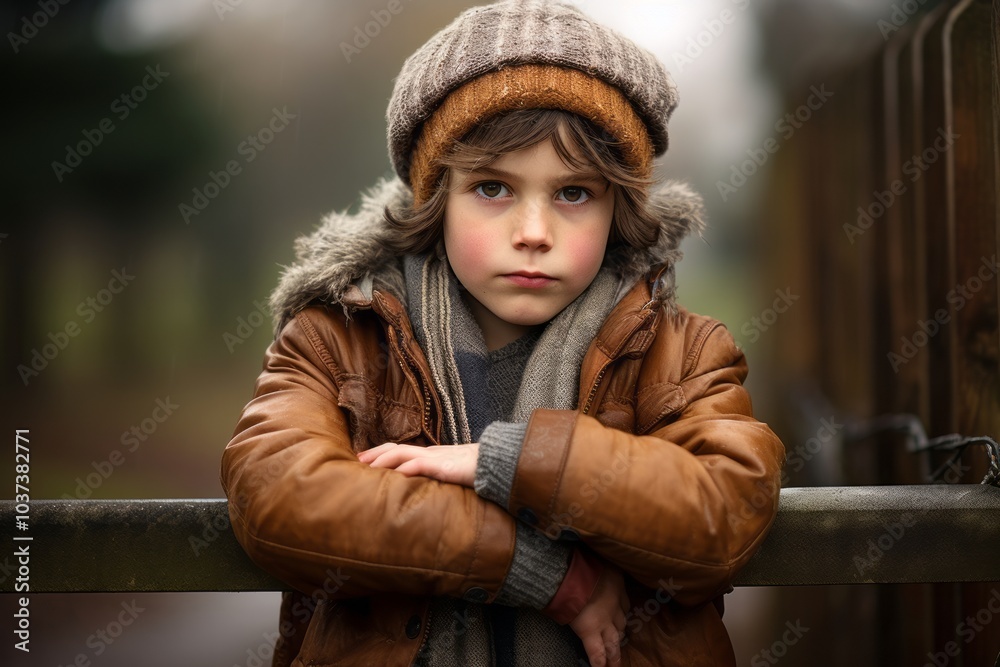 Wall mural Outdoor portrait of a cute little boy in a warm coat and hat.