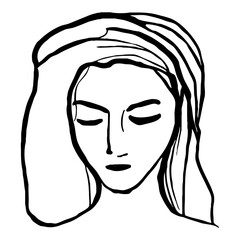 Fictional female character. Black and white line art. Logo design for use in graphics. T-shirt print, tattoo design.