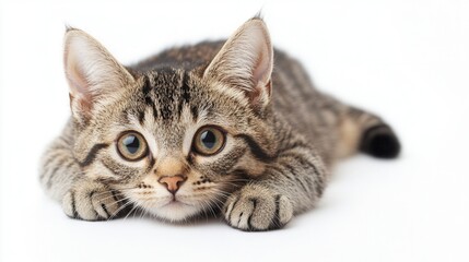 Obraz premium Portrait of young American shorthair cat standing on wooden table. Sharp focus on the face of this cat, background of goods for cats, veterinary services