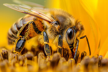 Naklejka premium A bee busily gathers pollen from a bright sunflower, showcasing intricate details of its body and the delicate flower petals, as sunlight enhances the scene