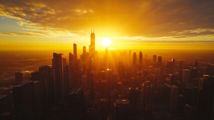 Fototapeta premium Beautiful golden sunset over a cityscape, illuminating skyscrapers and clouds with warm, vibrant colors.