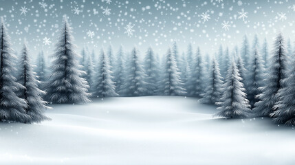 Winter landscape with snow-covered pine trees and snowflakes falling from a cloudy sky, creating a peaceful serene holiday season atmosphere