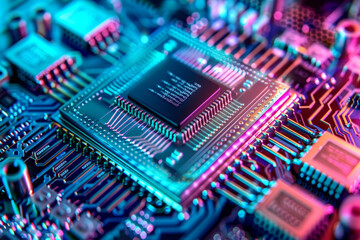 A vibrant close-up of a microchip situated on a detailed printed circuit board showcases its complex wiring and connections under bright lighting, emphasizing technology