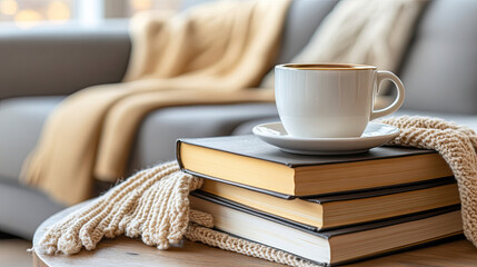A stack of hardcover books and a cup of coffee on a wooden table, with a soft-focus background of a cozy living room. --chaos