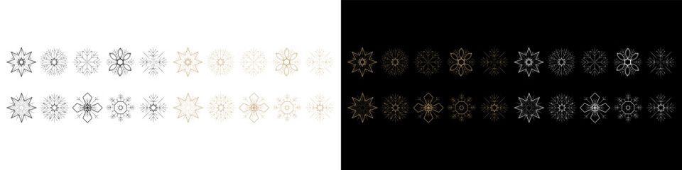 New Year and Christmas set. Elegant snowflakes vector icons. Golden, white snowflakes on dark background and golden, black on white background. Winter snowflake line icons. 2025 year.