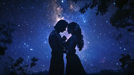 Obraz premium Silhouettes of a Couple Embracing Under a Starry Night Sky
