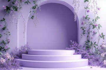 Minimal podium with curved edges, pastel lavender background, florals and vines elegantly draping around, soft natural lighting.j