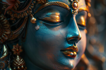 Fototapeta premium This artwork features a serene blue deity statue with delicate facial features, intricate ornaments, and a calming expression, illuminated by gentle light, showcasing its craftsmanship