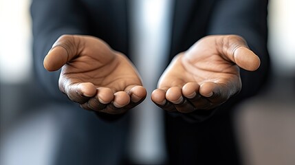 A businessman's hands together in prayer pose, conveying focus and determination in a bright office setting