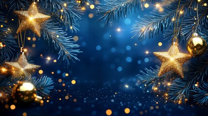Fototapeta premium Glittering golden stars on Christmas tree