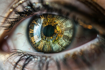 The eye reveals a striking reflection of a clock, showcasing detailed hour markers and a swirling design that blends time with human emotion, creating a thought-provoking image