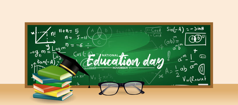 national education day green board with books and eyeglasses vector poster