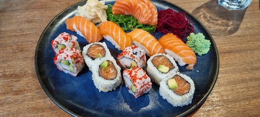 Fresh norwegian fish and seafood sushi