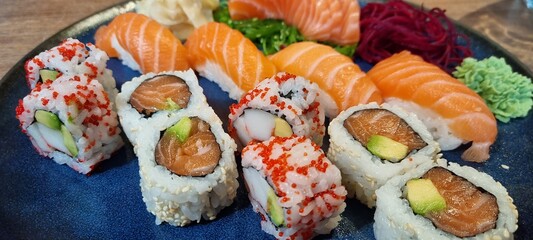 Fresh norwegian fish and seafood sushi