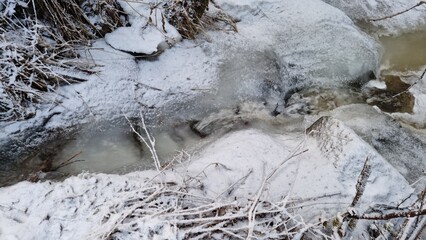 small creek stream with ice in winter