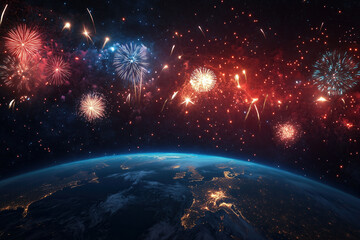 Obraz premium New Year's fireworks over Earth from space AI generated