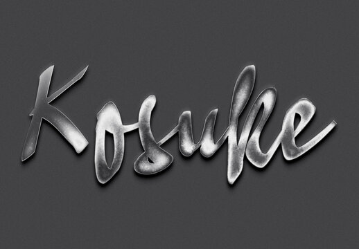 Chrome metal 3D Japanese name design of Kosuke on grey background.	