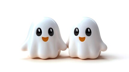 Cute ghost figurines with smiling faces on a white isolated background.