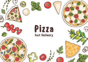 Hand drawn set of pizza. Italian pizza design template. Vector illustration