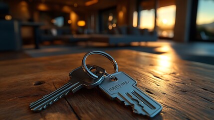 Set of silver keys on a polished wooden surface, with a chic living room and kitchen in the distance, out of focus