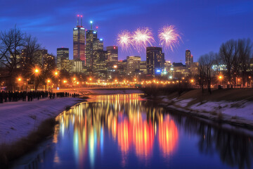 Cityscape with Fireworks and Reflections Celebrating New Year in a Winter Night AI Generated