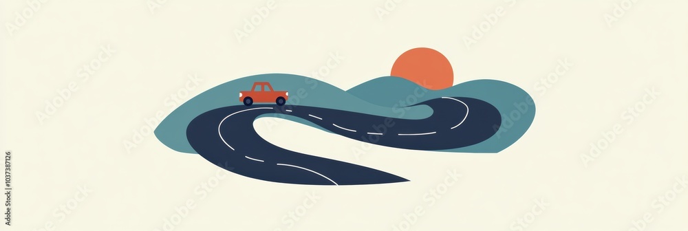Poster a small, minimalist car drives along a winding road with rolling hills and a setting sun in the back