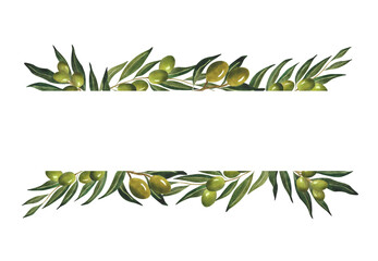 Olive branches border Watercolor green floral frame for olive oil wrapping paper logo design Postcard poster template invitation greeting card decoration Botanical banner Italian plant Natural