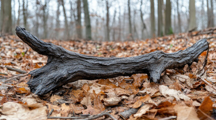 Obraz premium A weathered dry branch with a rugged texture, lying on a bed of dried leaves and twigs, with a blurred forest floor in the background. --chaos