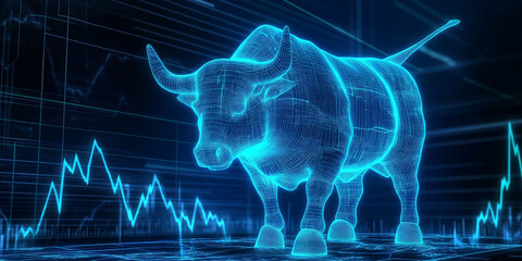 Digital wireframe of bullish stock market graph featuring blue neon bull, symbolizing financial optimism, growth, and success in a futuristic technology environment