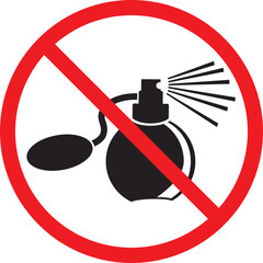 Please no perfumes here, vector prohibition sign Inside a red circle with a red diagonal line, there is a black silhouette of a perfume or cologne bottle with a spray.