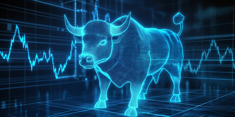 Digital wireframe of bullish stock market graph featuring blue neon bull, symbolizing financial optimism, growth, and success in a futuristic technology environment