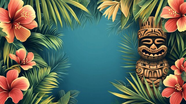 Vibrant tiki design surrounded by tropical flowers, suitable for luau party invitations and festive decorations.