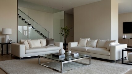 Fototapeta premium Modern living room with a calm atmosphere bathed in soft natural light. Clean white walls and a plush white sofa create a clean and airy atmosphere.