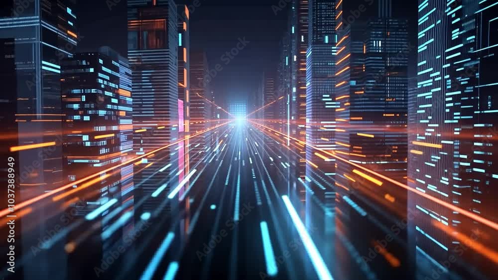 Poster A vibrant city environment features towering skyscrapers illuminated by bright neon lights, with dynamic data streams coursing through the scene, evoking a sense of advanced technology.