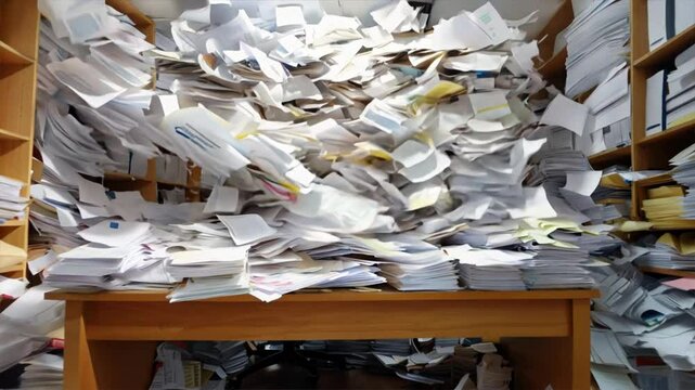 Chaos in Workspace Cluttered Office Filled with Scattered Papers, Documents Overflowing from Desk, and Disorganization of Urgent Paperwork Creating Mess.