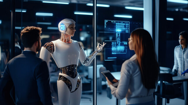 tech oriented meeting where employees engage with humanoid robot, showcasing advanced technology and collaboration in modern workspace. atmosphere is innovative and futuristic